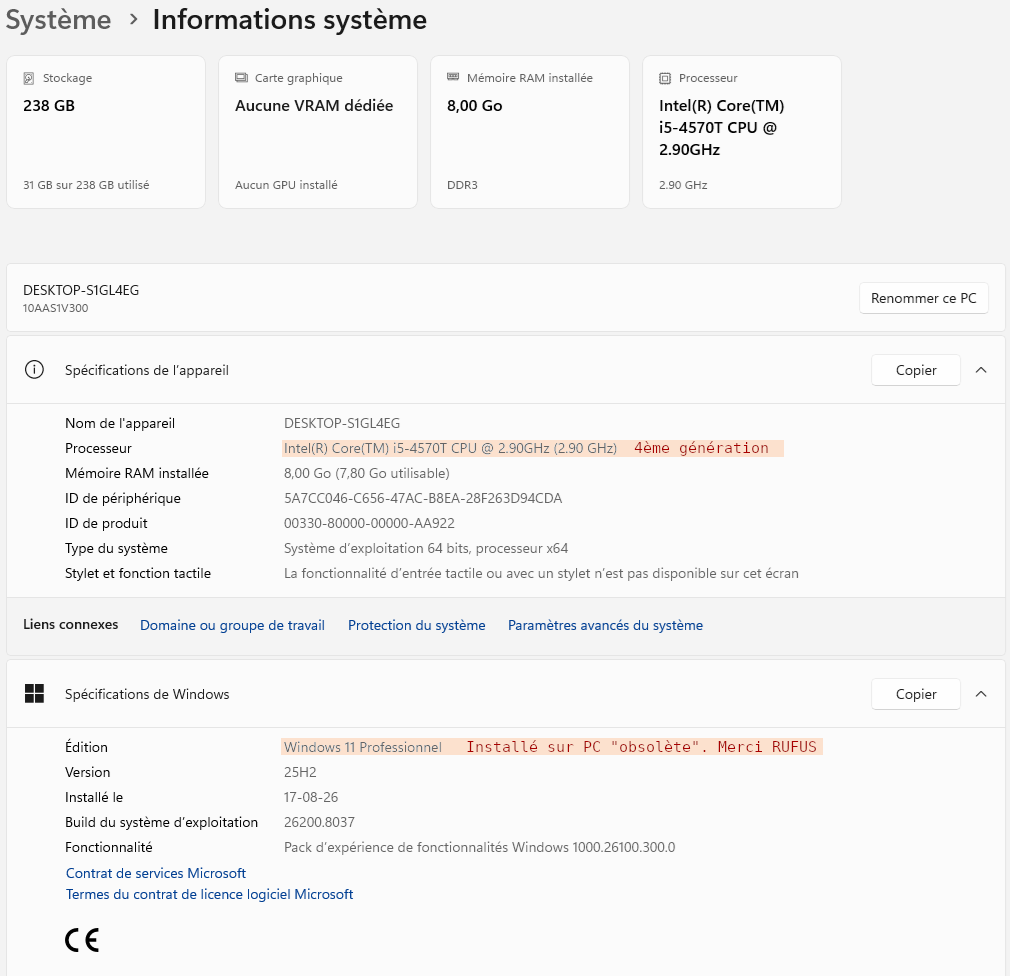 Win11-Lenovo-obsolete-settings-rufus Paramètres de Windows 11 sur un PC soi-disant obsolète